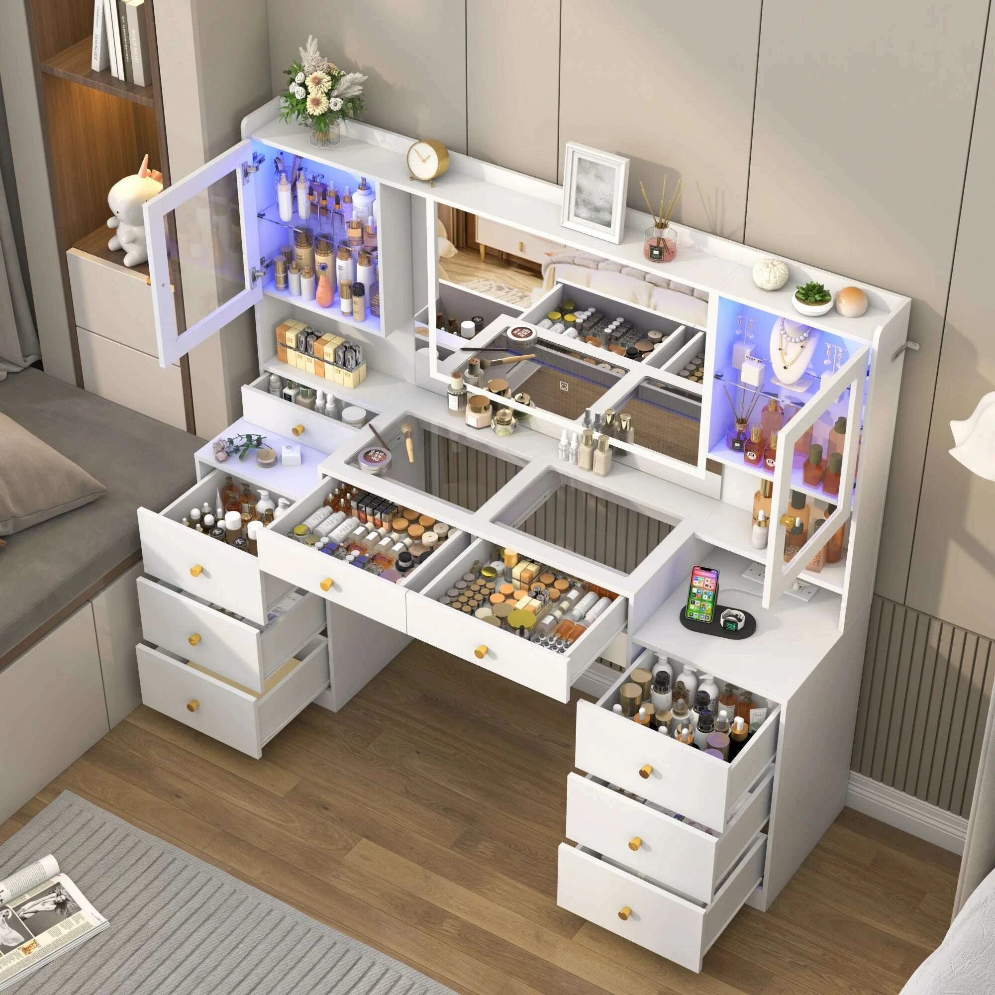 617-large-vanity-desk-with-mirror-and-lights-makeup-vanity-with-charging-station-sliding-drawers-2-cabinets-with-glass-doorkimlud-womens-fashion-34600277