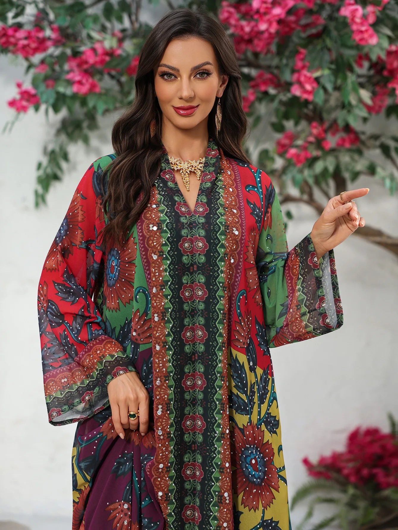 Polyester Abaya Dress Diamond Print — Multicolor | KIMLUD