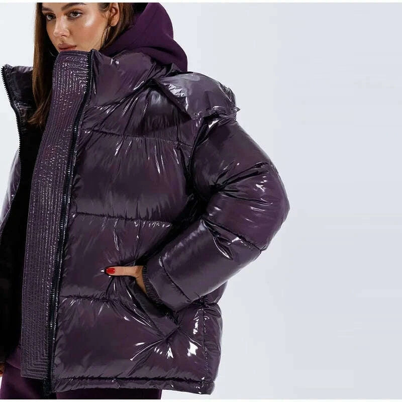 KIMLUD, Chic Glossy Women's Thicken Cotton Coats Hooded Solid Loose Zippers Warm Lady Coat 2025 Winter Casual Female Street Jackets, KIMLUD Womens Clothes