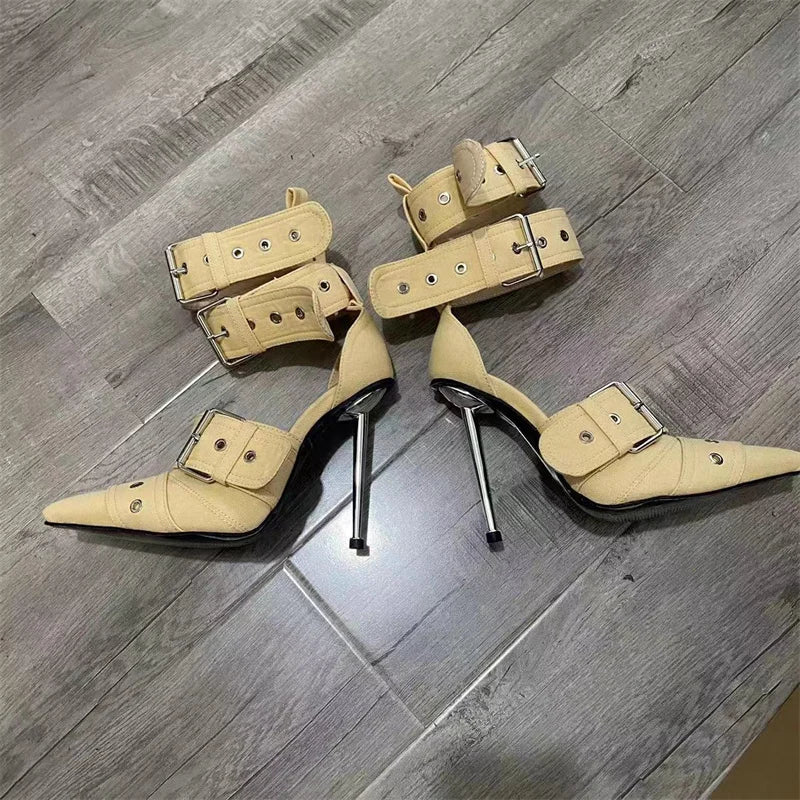 New Women's Denim Metal Rivet Buckle Sandals Women's Sexy Punk Style Pointed Hollow Metal 11cm High Heel Knee High Boots Size43