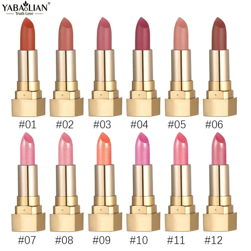 KIMLUD, 12 Color Gold Tube Lipstick Matte Pearlescent Glitter Velvet Lipsticks Shiny Red Brown Waterproof Lasting Solid Lip Gloss Makeup, KIMLUD Womens Clothes