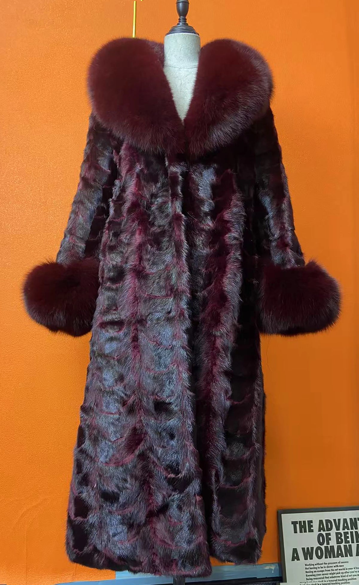 Mink Fur Coat – Real Fox Fur Trim Cuffs – Overcoat | KIMLUD
