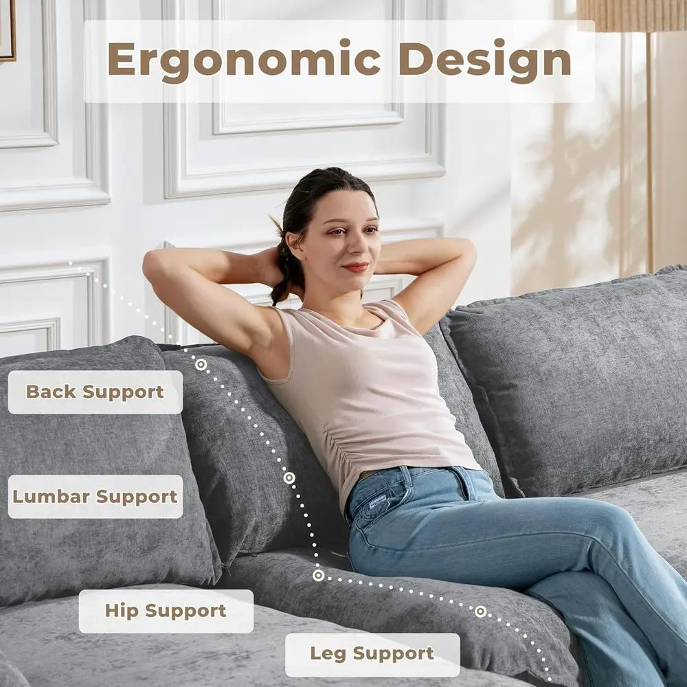 Chenille L-Shaped Sofa Memory Foam Cushions — Grey | KIMLUD