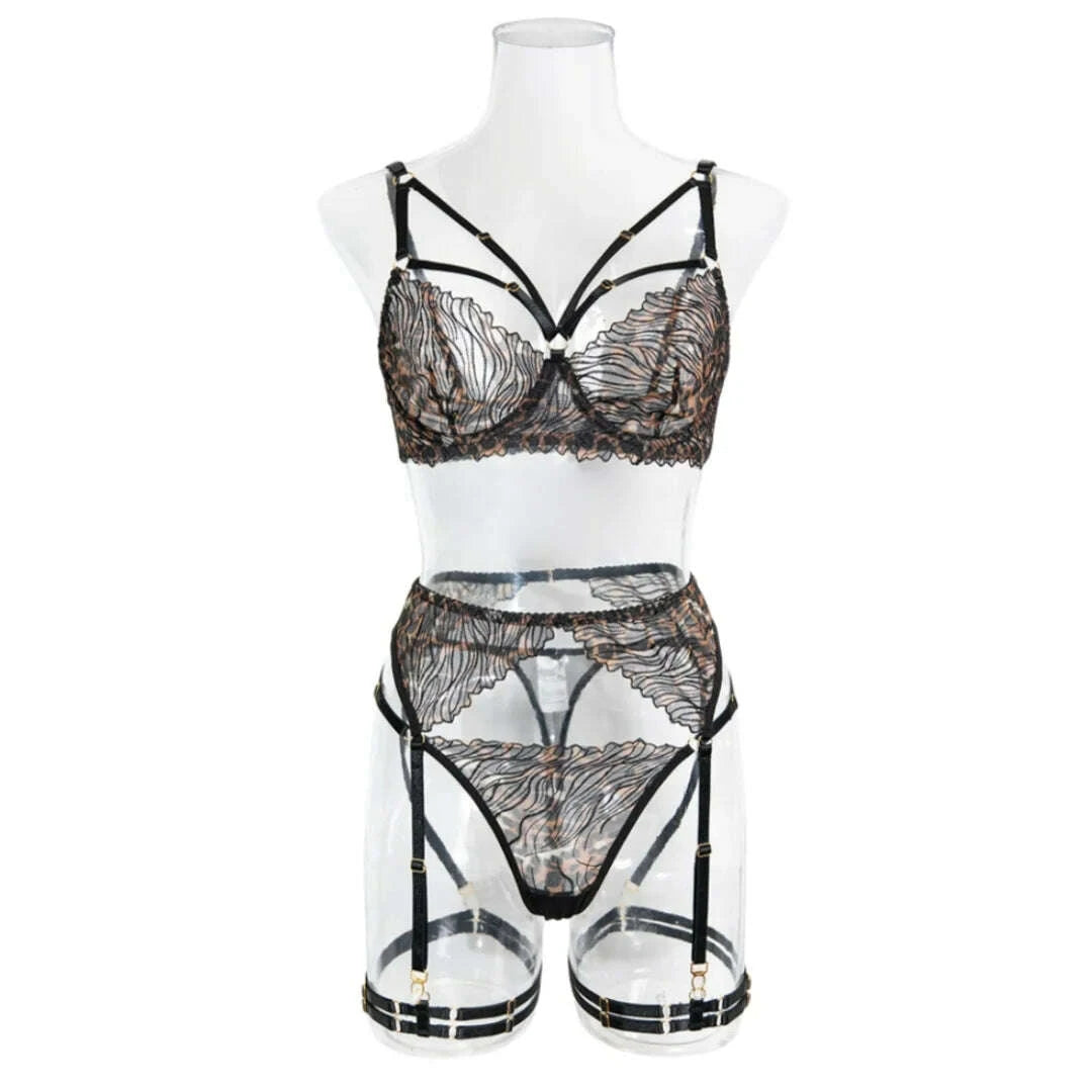 KIMLUD, Krasapt Fancy Leopard Embroidery Lingerie 4 Pcs Sets Sexy Mesh See Through Bras And Thongs Garter Suits Erotic Intimate Outfit, KIMLUD Womens Clothes