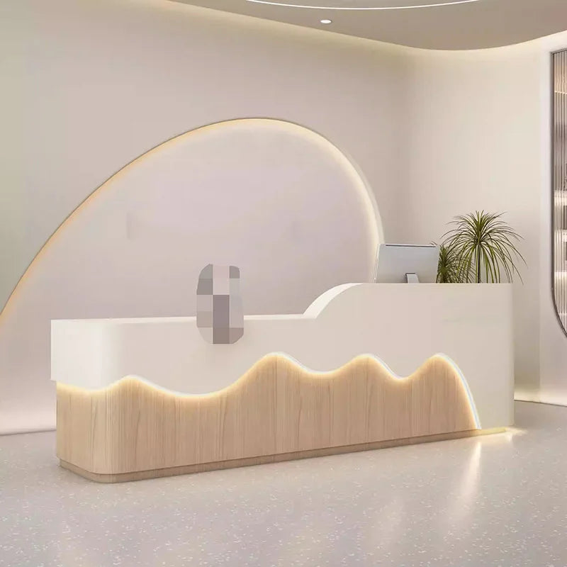 Wood-Based Panel Reception Desk Executive Curved Front With Integrated Shelving And Matte Finish — White | KIMLUD