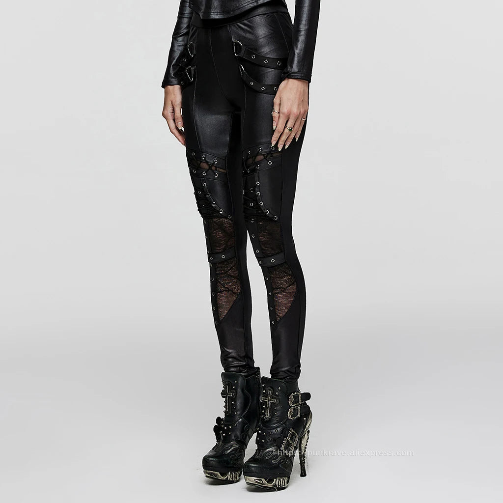PUNK RAVE Women's Punk Geometrically Divided Textured Knit & Spliced Basic Leggings Gothic Sexy Cross Trousers