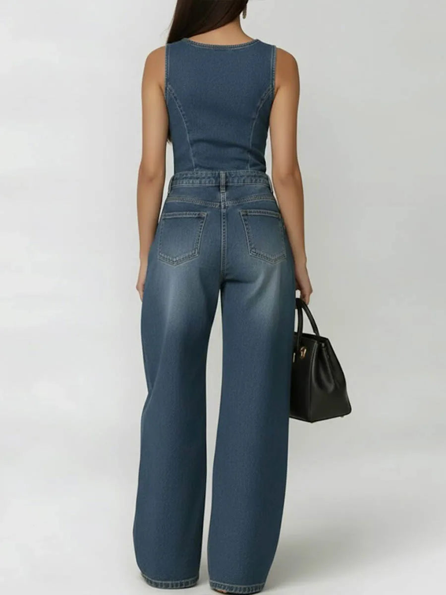 Denim Jumpsuit Eyelet Wide-Leg Pockets — Denim Blue | KIMLUD