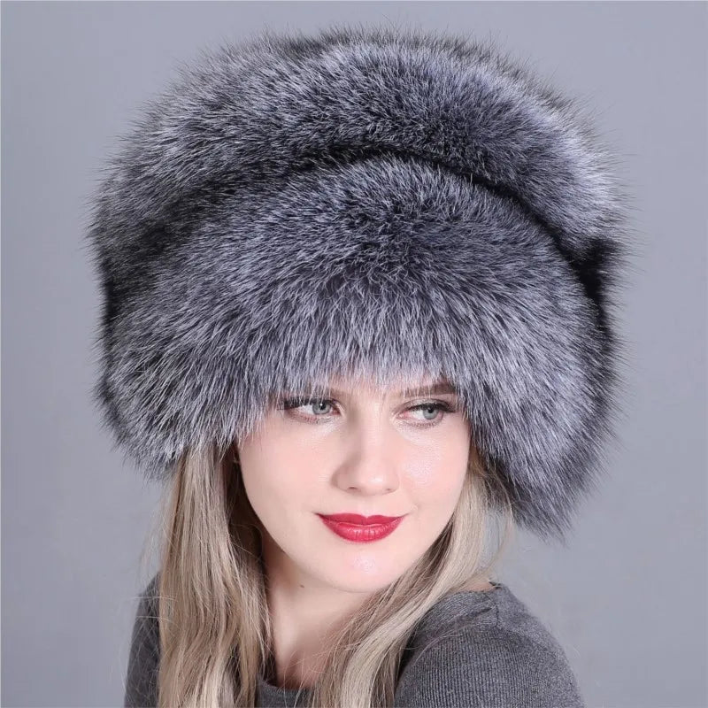 Fur hat for ladies thickened warm ear-protecting with tail snow and wind trendy