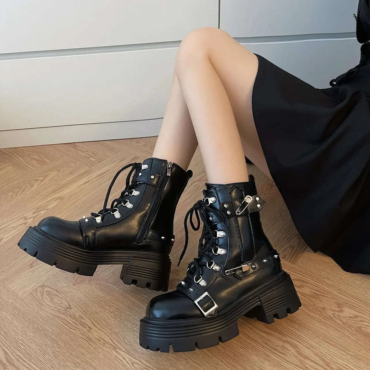 KIMLUD, 2024 NEW Punk Style Women Boots Lace-up heel height Platform Shoes Woman Gothic Ankle Rock Boots Metal Decor Woman Sneakers, KIMLUD Womens Clothes