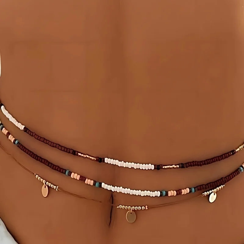 Bohemian Glass Bead Waist Chain Three-Piece Set For Vacation Glow — Multi | KIMLUD