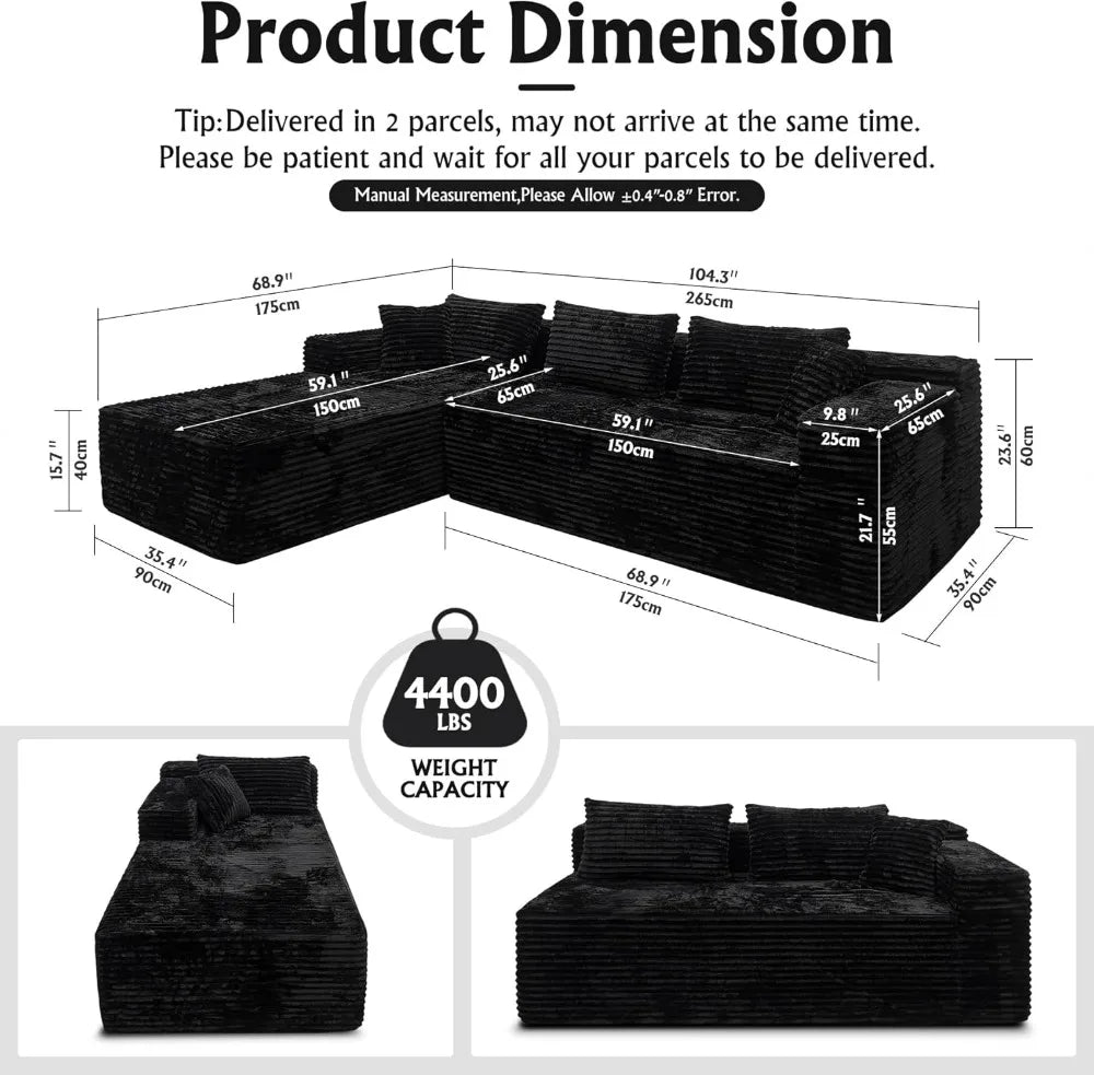Corduroy Modular Sectional Sofa With Chaise — Deep Black | KIMLUD