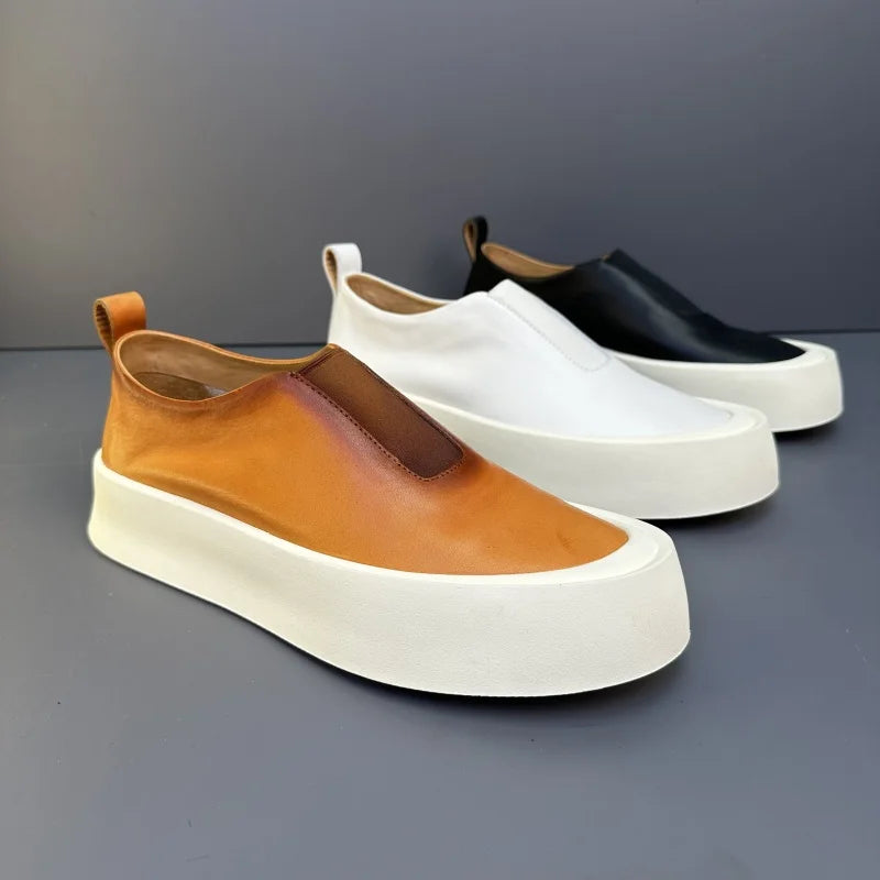 High-end Men Chunky Sneakers Fashion Genuine Leather Men Casual Shoes Breathable Slip on Men Board Shoes