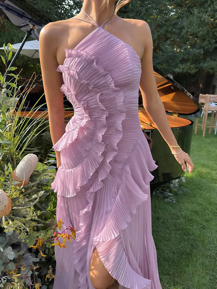 Mozision Elegant Off-shoulder Ruffle Sexy Maxi Dress Women Fashion Halter Sleeveless Backless Draped Pleated Club Party Dress