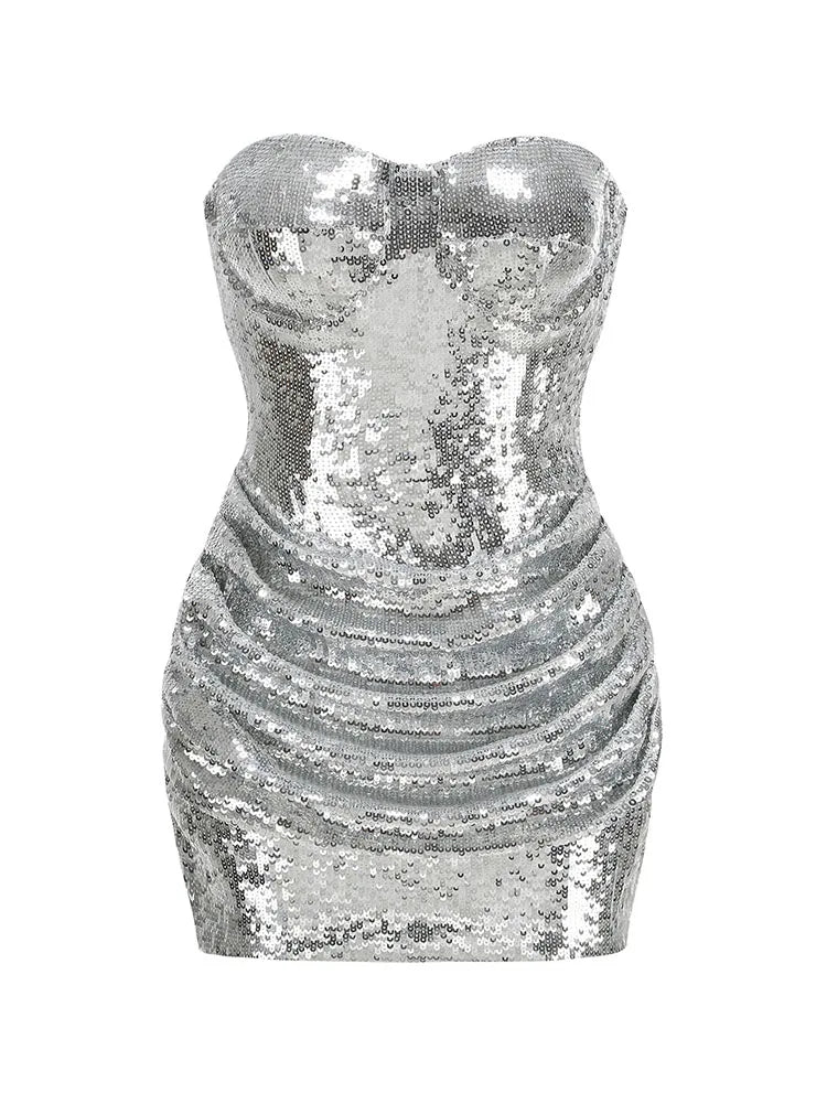 Mini Dress – Strapless Ruched Sequin – Bodycon Polyester – Silver | KIMLUD