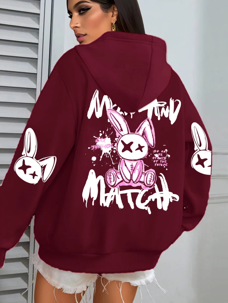 Hoodie – Cartoon Rabbit Prints – Loose Silhouette – Hooded | KIMLUD
