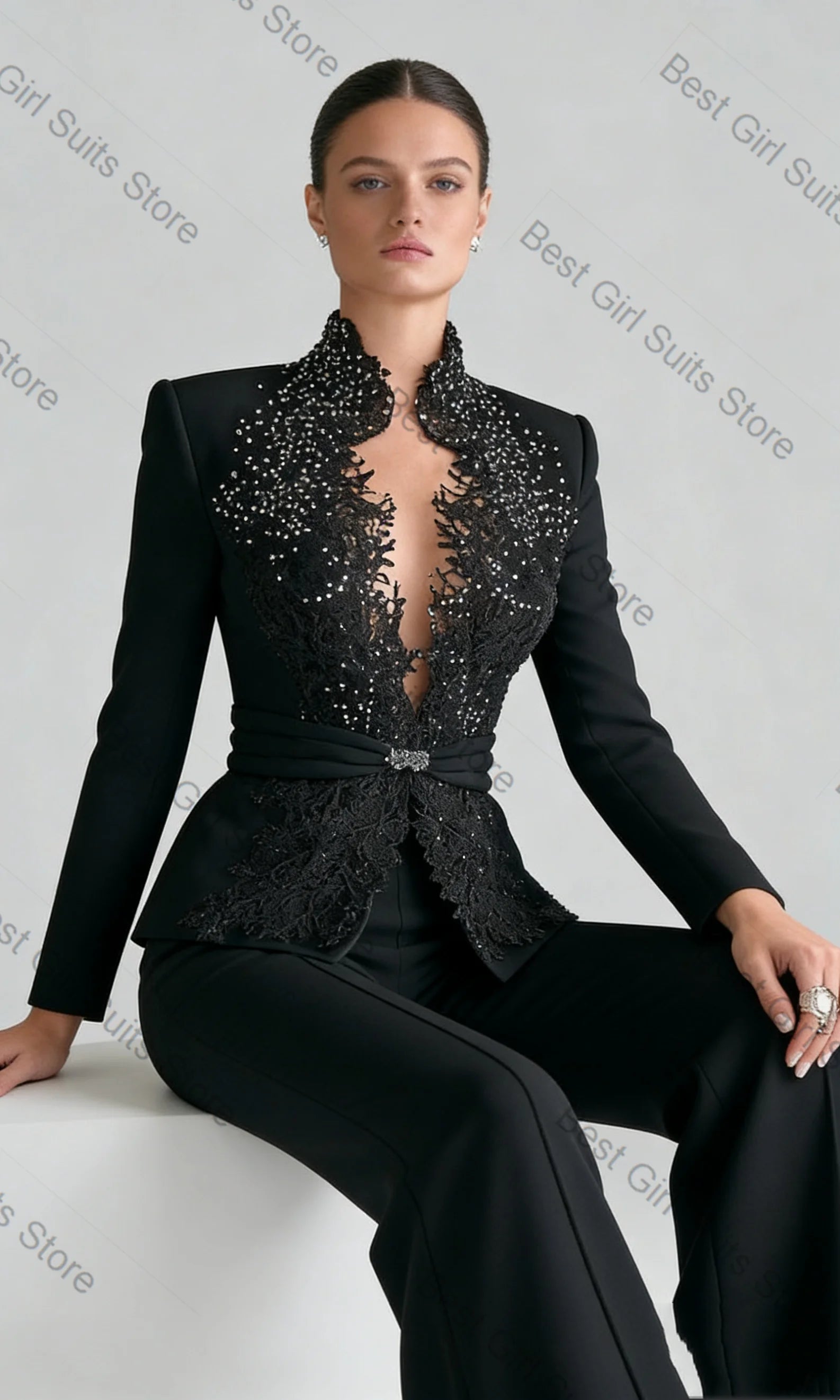 Cotton Beaded Appliqued Two Piece Suit — Black | KIMLUD