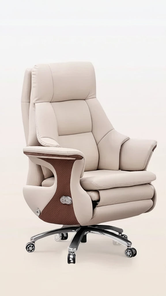 Ergonomic massage chair with features highlighted on a beige background