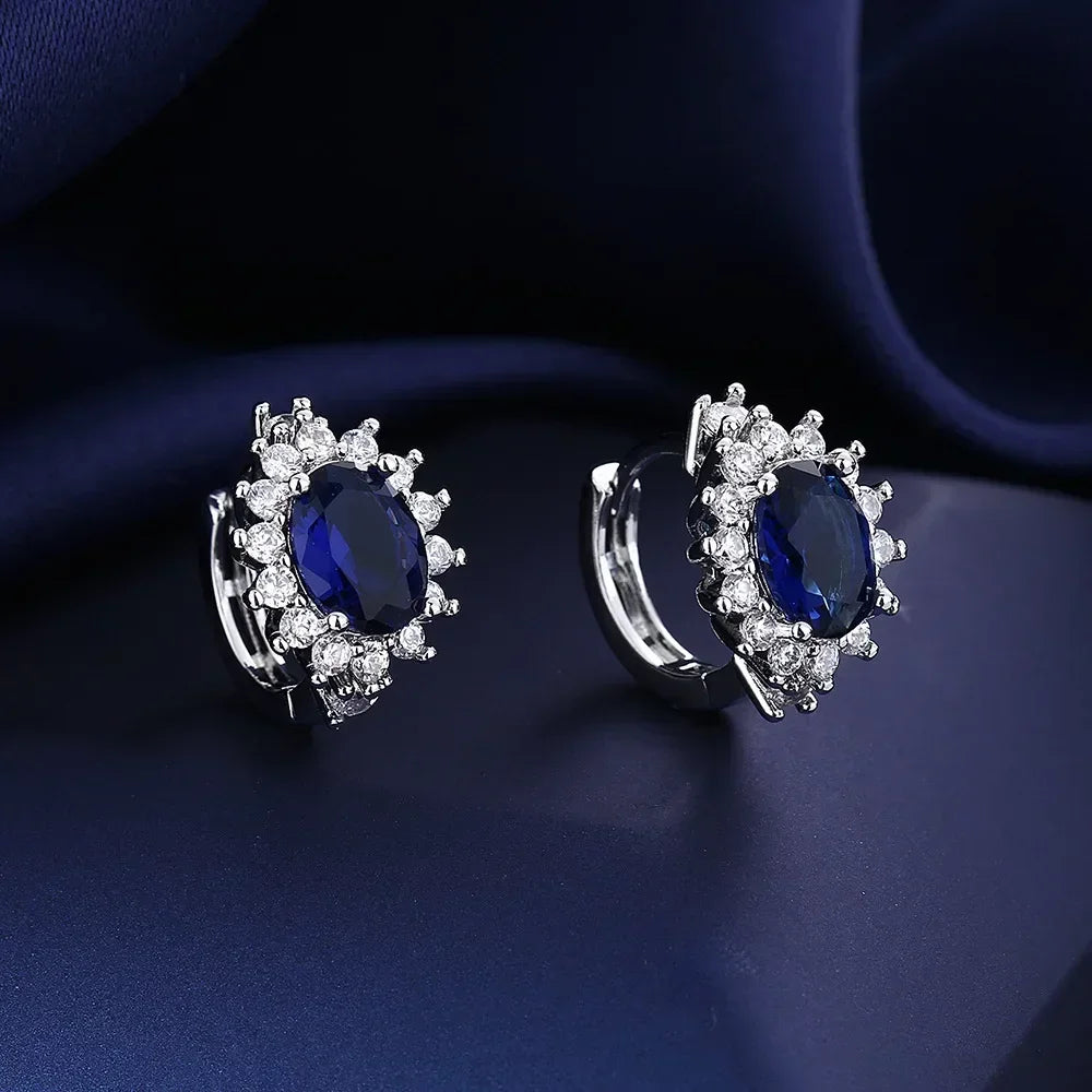 Silver-Toned Copper Oval Zircon Halo Stud Earrings — Sapphire Blue | KIMLUD