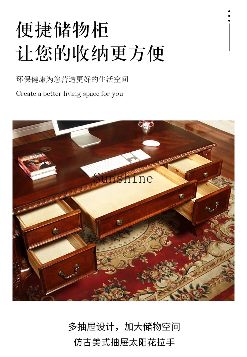 American solid wood desk home computer office rack combination writing desk chair