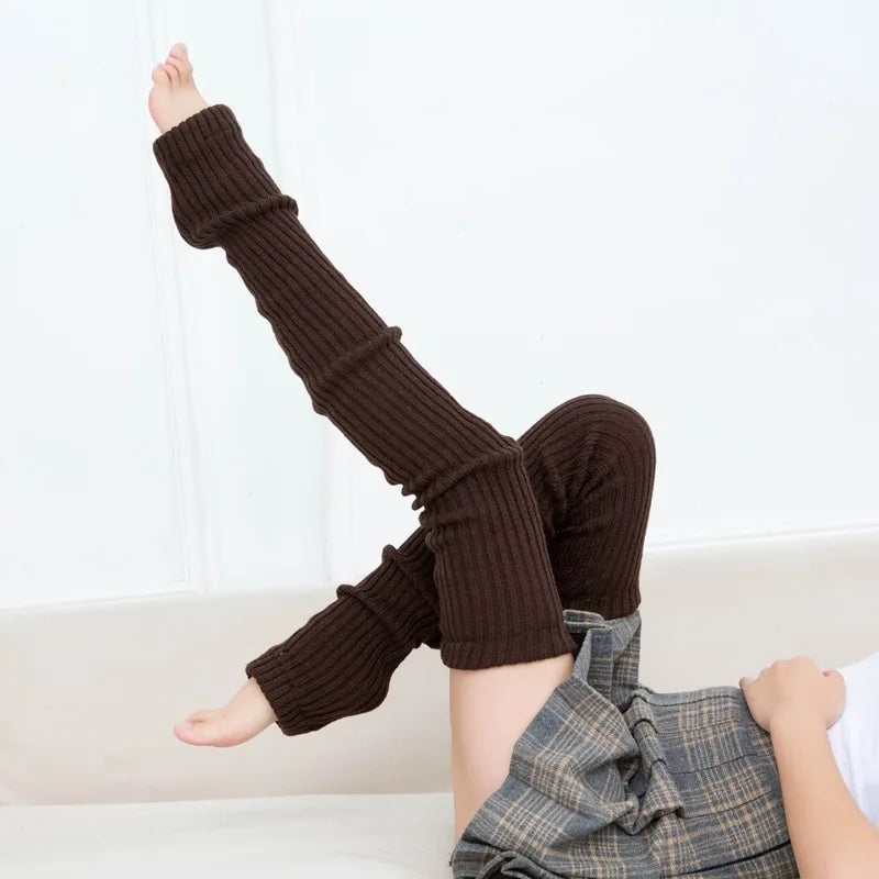 Knitted Cotton Blend Leg Warmers Knee High — Black | KIMLUD