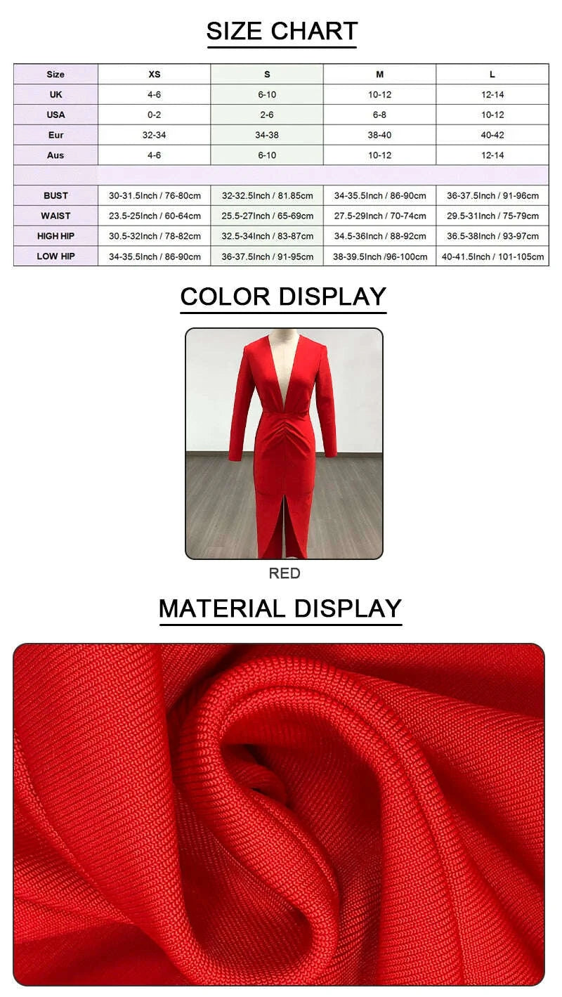KIMLUD, VC Sexy Red Deep V Plunge Long Sleeves Ruched Bandage Dress Women Pleated Bodycon Maxi Long Evening Party Club Gown, KIMLUD Womens Clothes