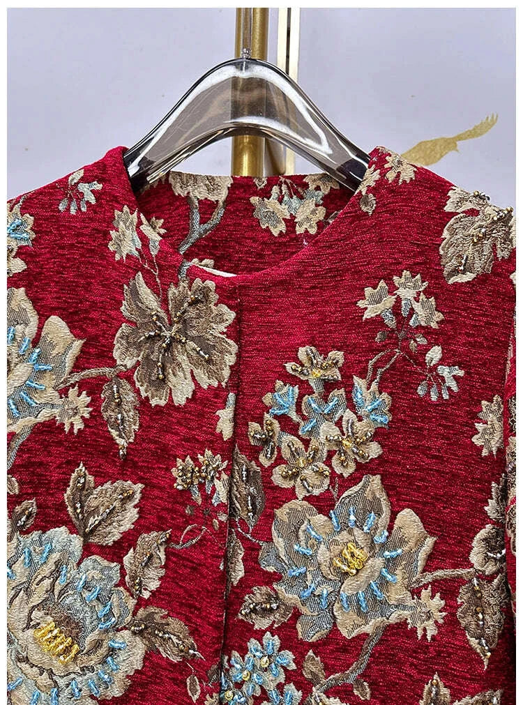 autumn-winter-new-womens-velvet-beaded-round-neck-34-sleeve-burgundy-mid-length-coat-chenille-texture-luxury-jacketkimludkimlud-35562234