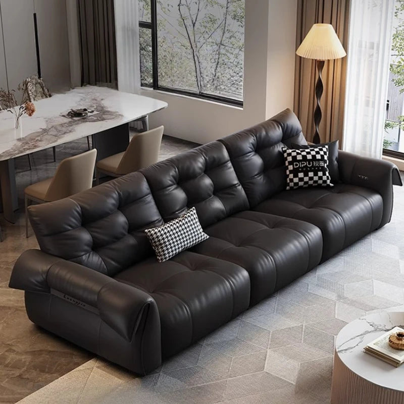 Full-Grain Leather Minimalist Multifunctional Sofa With Sculpted Modular Form — Black | KIMLUD