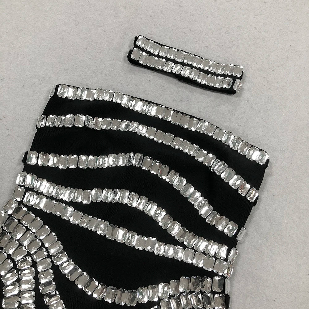 Brand New Ins 2025 Women Black Strapless Crystal Bandage Bodycon Dress Designer Collar Elegant Evening Party Dress Vestido