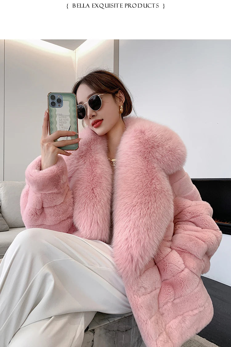 Winter Women Real Rex Rabbit Fur Coat 100% Natural Fur Jacket with Large Silver Fox Fur Collar Luxury Streetwear