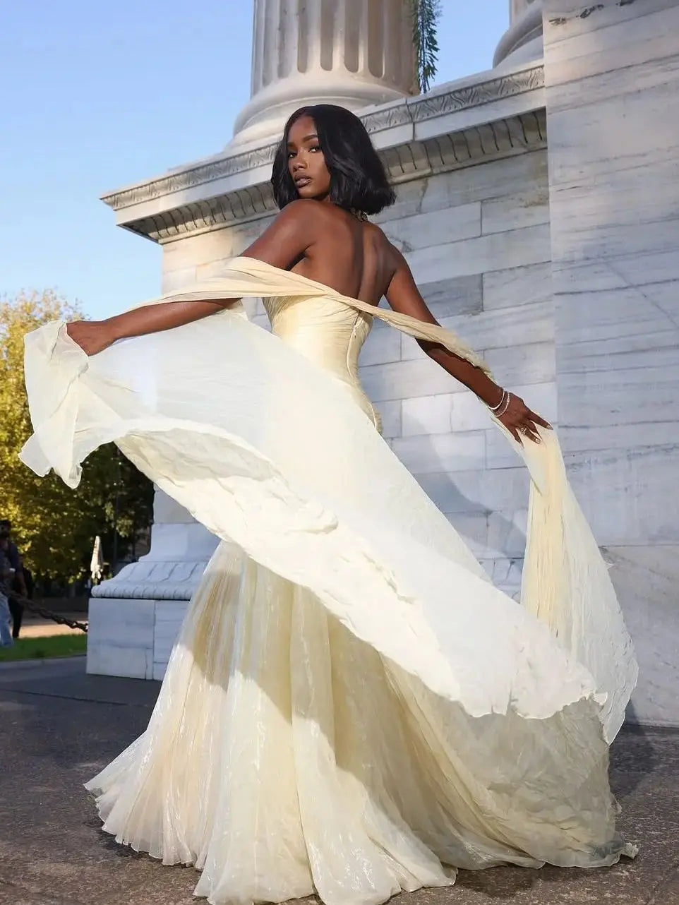 Mermaid Evening Dress – Pleated – Chiffon – Yellow | KIMLUD