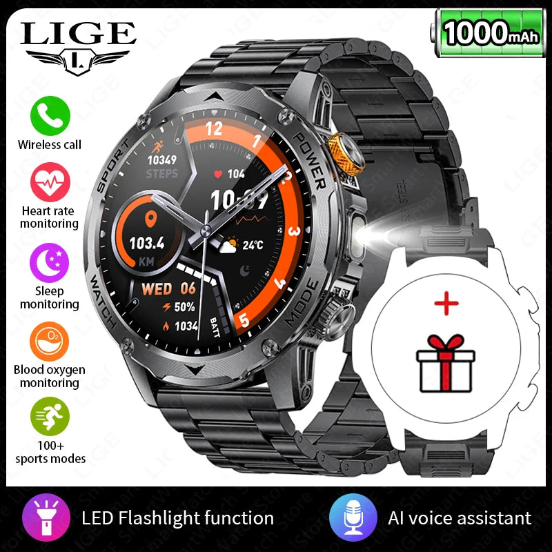 LIGE Smart Watch Man 1000mAh Long Standby Outdoor Smartwatch Men LED Flashlight Waterproof Heart Rate Sport BT Call Smartwatches