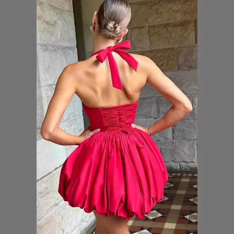 Elegant Pink Backless Pleated Lace-Up Halter Mini Dress Women Off Shoulder Sleeve Puff Hem A-Line Dresses Summer Lady Partywear