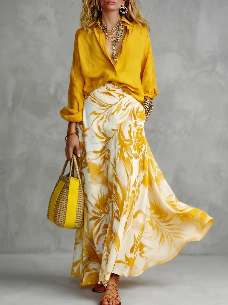 Lapel Blouse – Loose Buttoned – Polyester Fiber – Yellow | KIMLUD