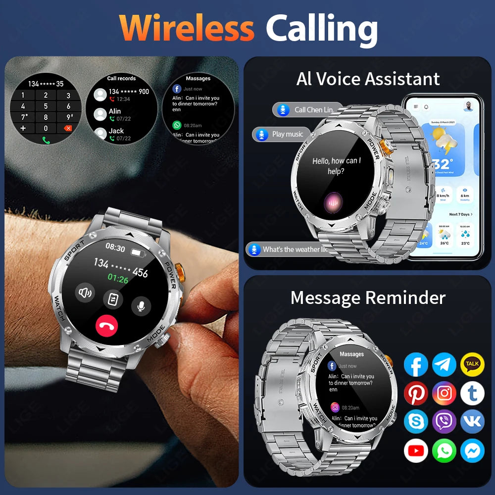 LIGE Smart Watch Man 1000mAh Long Standby Outdoor Smartwatch Men LED Flashlight Waterproof Heart Rate Sport BT Call Smartwatches