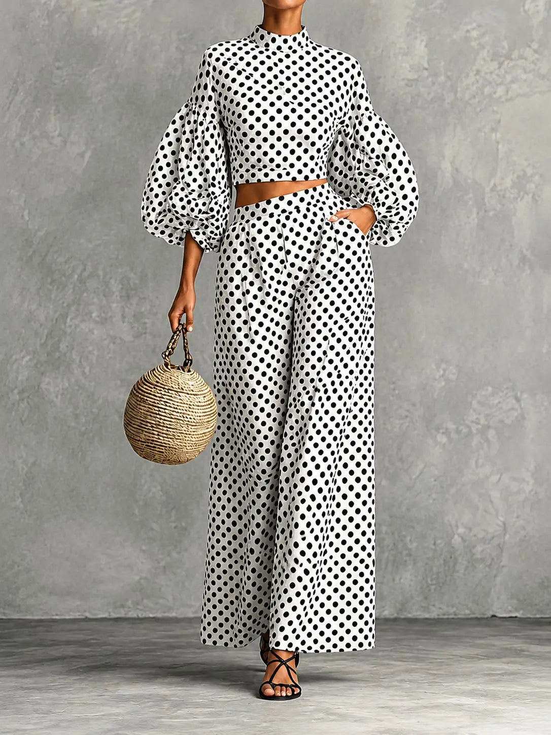 Two-Piece Polka Dot Trousers Suit – Wide-Leg – Synthetic Fiber | KIMLUD