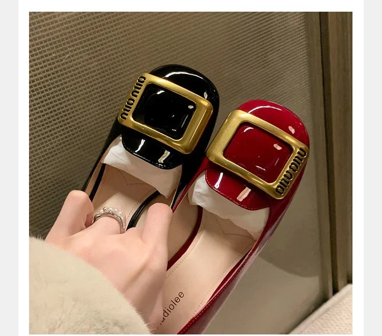 PU High Heels Round Toe Metal Buckle — Black | KIMLUD