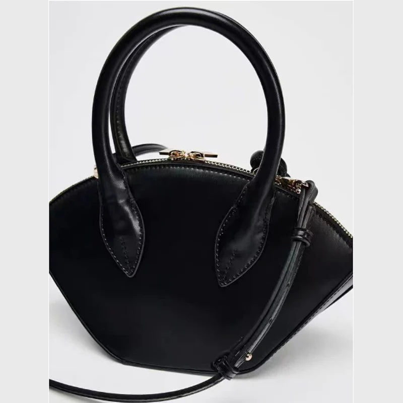PU Leather Fan-Shaped Bucket Bag With Large Capacity And Appliques — Black | KIMLUD