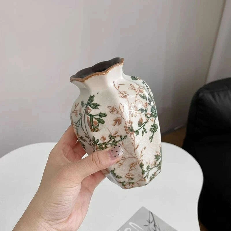 KIMLUD, New Chinese pastoral green retro ceramic vase flower arrangement hydroponics living room dining table creative ornament, KIMLUD Womens Clothes