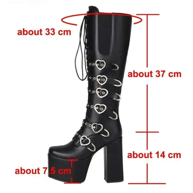 KIMLUD, New Punk Goth Women Motorcycle Boots High Heeled Knee High Platform Shoes Heart Buckle Lace Up Luxury Trendy Winter Street Boots, KIMLUD Womens Clothes