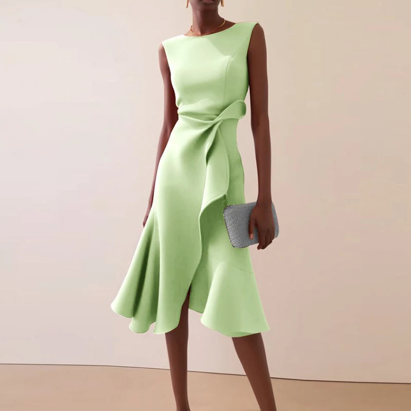 O-Neck A-Line Dress With Knot And Ruffle — Pink | KIMLUD