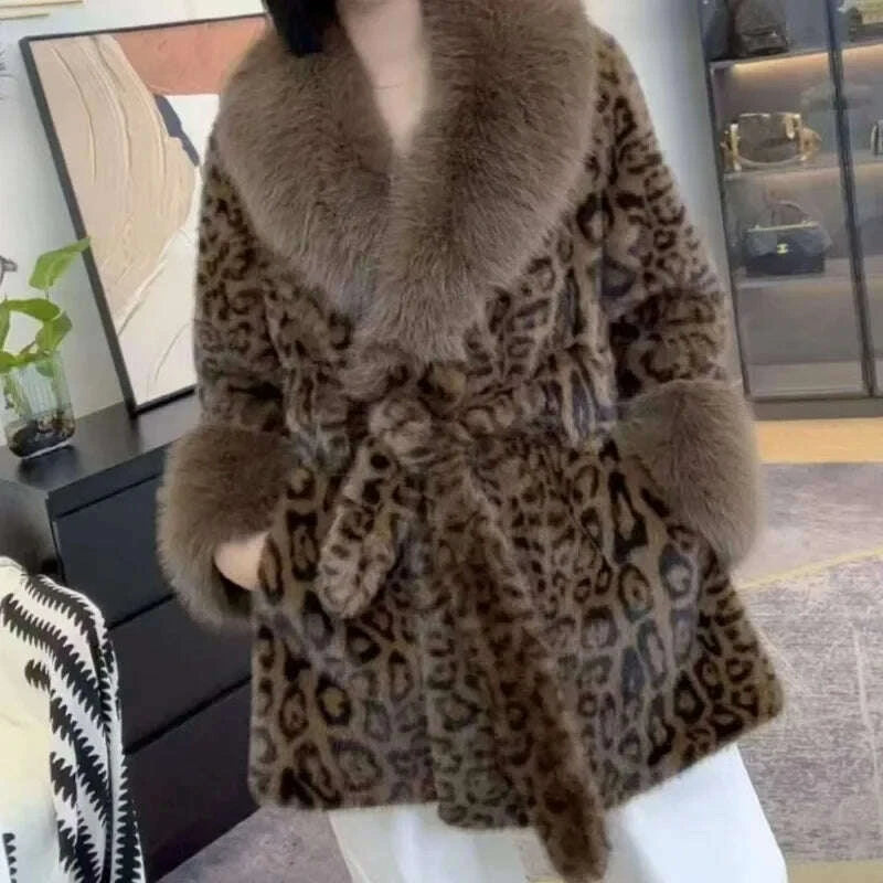 KIMLUD, Luxury Vintage Faux Fur Coat Women Fur Collar Long Sleeve with Belt Oversized Fur Jacket Warm Thick Winter Cardigan Lady's Coats, KIMLUD Womens Clothes