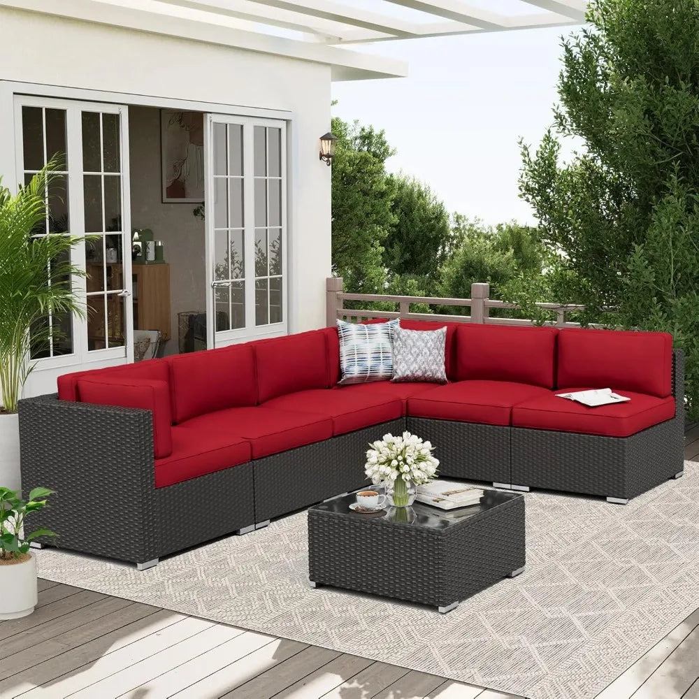 7-Piece Outdoor Patio Furniture Sofa Set Black Rattan Wicker Sectional Conversation Sets with Glass Top Table and Cushions(Red)