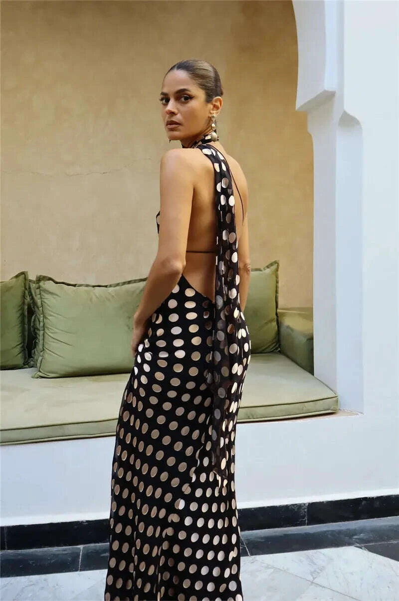 KIMLUD, Mozision Round Plaid Printed Maxi Dress For Women Gown Halter Off-shoulder Sleeveless Backless Evening Club Long Dress Elegant, KIMLUD Womens Clothes