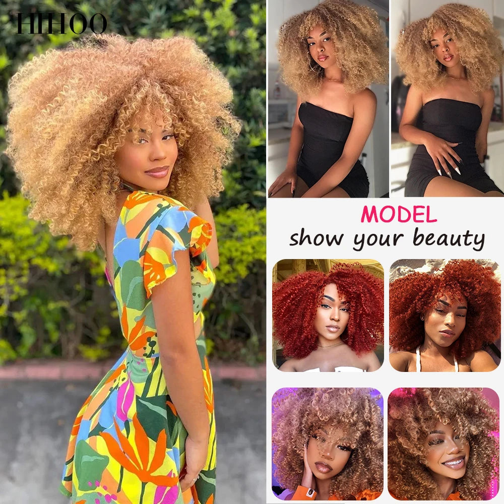 Afro Kinky Curly Hair Wigs With Bangs — Natural Brown Mixed | KIMLUD