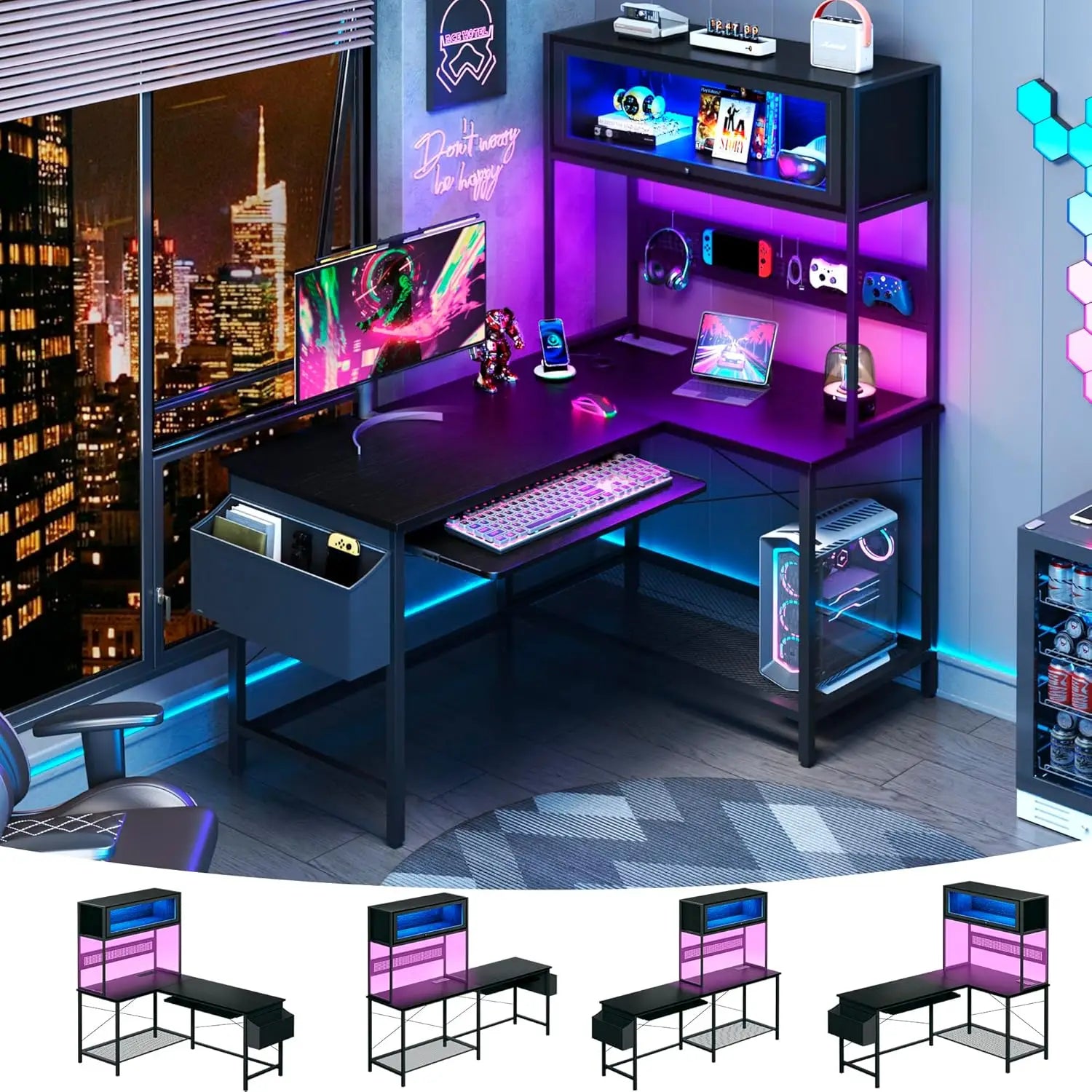 L Shaped Gaming Desk with Power Outlets & LED Lights, 49'' Reversible Computer Desk with Hutch & Pegboard & Display Cabinet