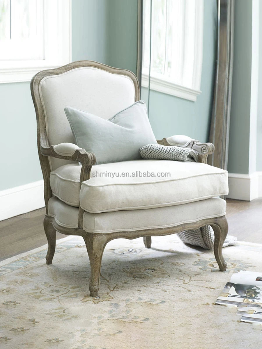 French farmhouse antique wooden armchair lounge living room furniture with stool accent chair