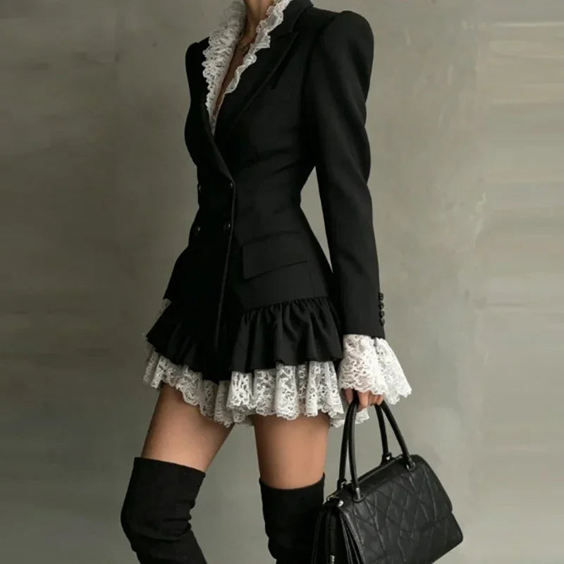 Blazer Dress – Double Breasted Lace Trim – Polyester | KIMLUD