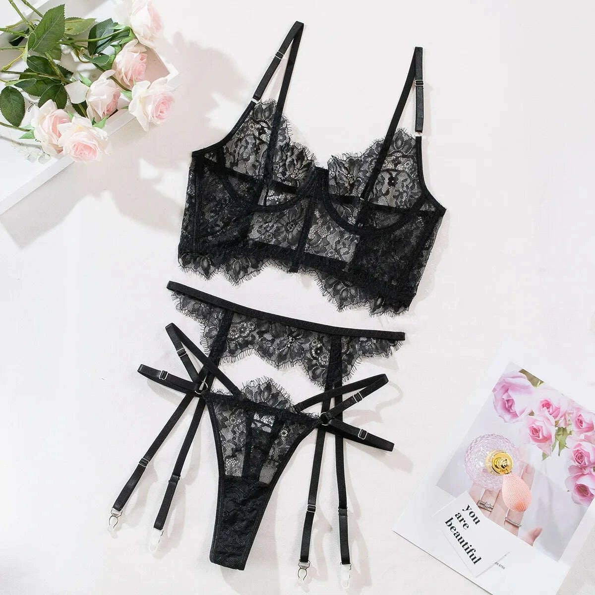 KIMLUD, Sexy Solid Lace Fishbone Lingerie Set Women's Inner Tank Top French Style Perspective Exotic Apparel Suit Underwear Three Pieces, KIMLUD Womens Clothes