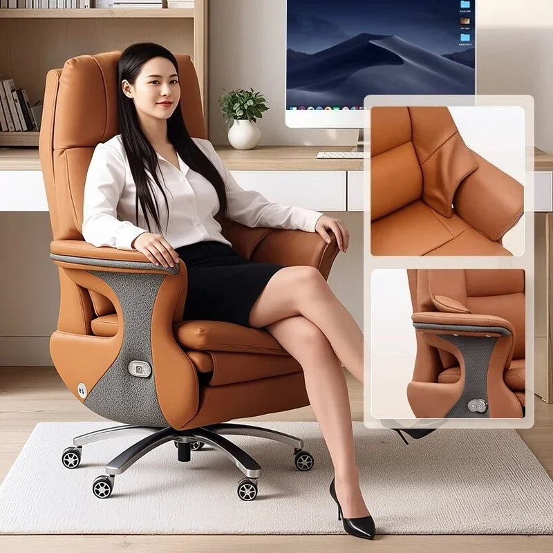 Leather Ergonomic Reclining Gaming Chair — Camel | KIMLUD