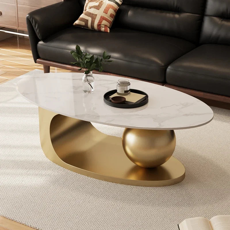 Nordic Designer Minimalist Coffee Table Oval Silhouette Rock Slab Top — Ivory White | KIMLUD